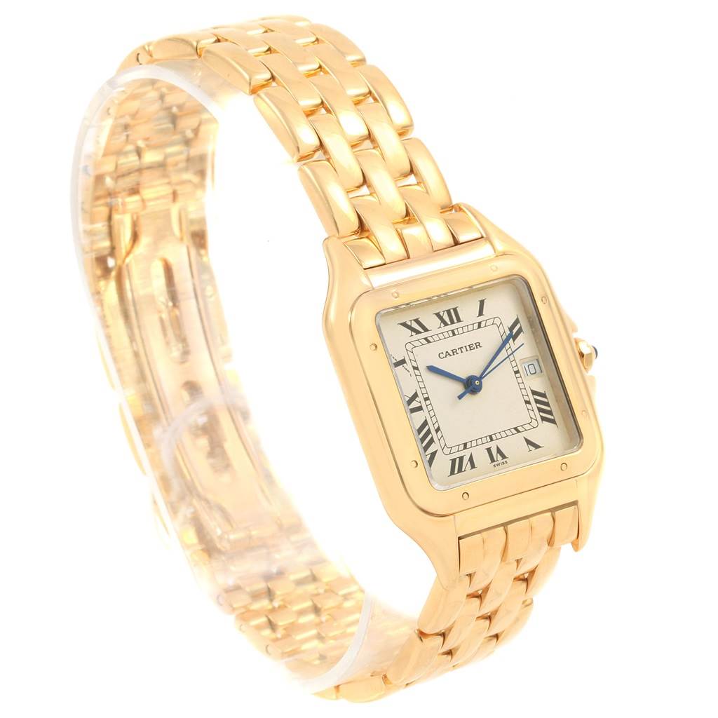 This image shows a Cartier Panthere W25014B9 Men's Yellow Gold Silver Dial W25014B9 Men's Yellow Gold Silver Dial watch from an oblique angle, highlighting its gold bracelet and square face with Roman numerals.