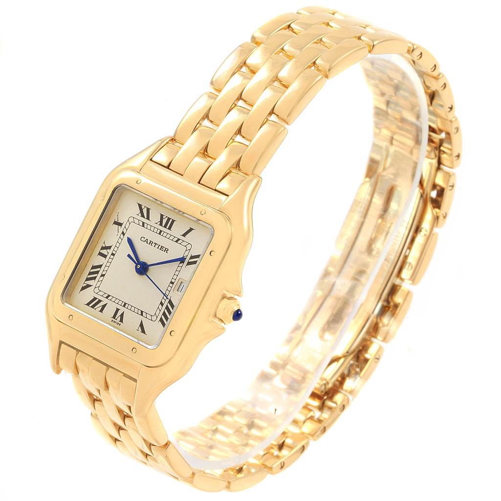 The Cartier Panthere W25014B9 Men's Yellow Gold Silver Dial W25014B9 Men's Yellow Gold Silver Dial watch is shown at a three-quarter angle, featuring the face, bezel, and part of the bracelet.
