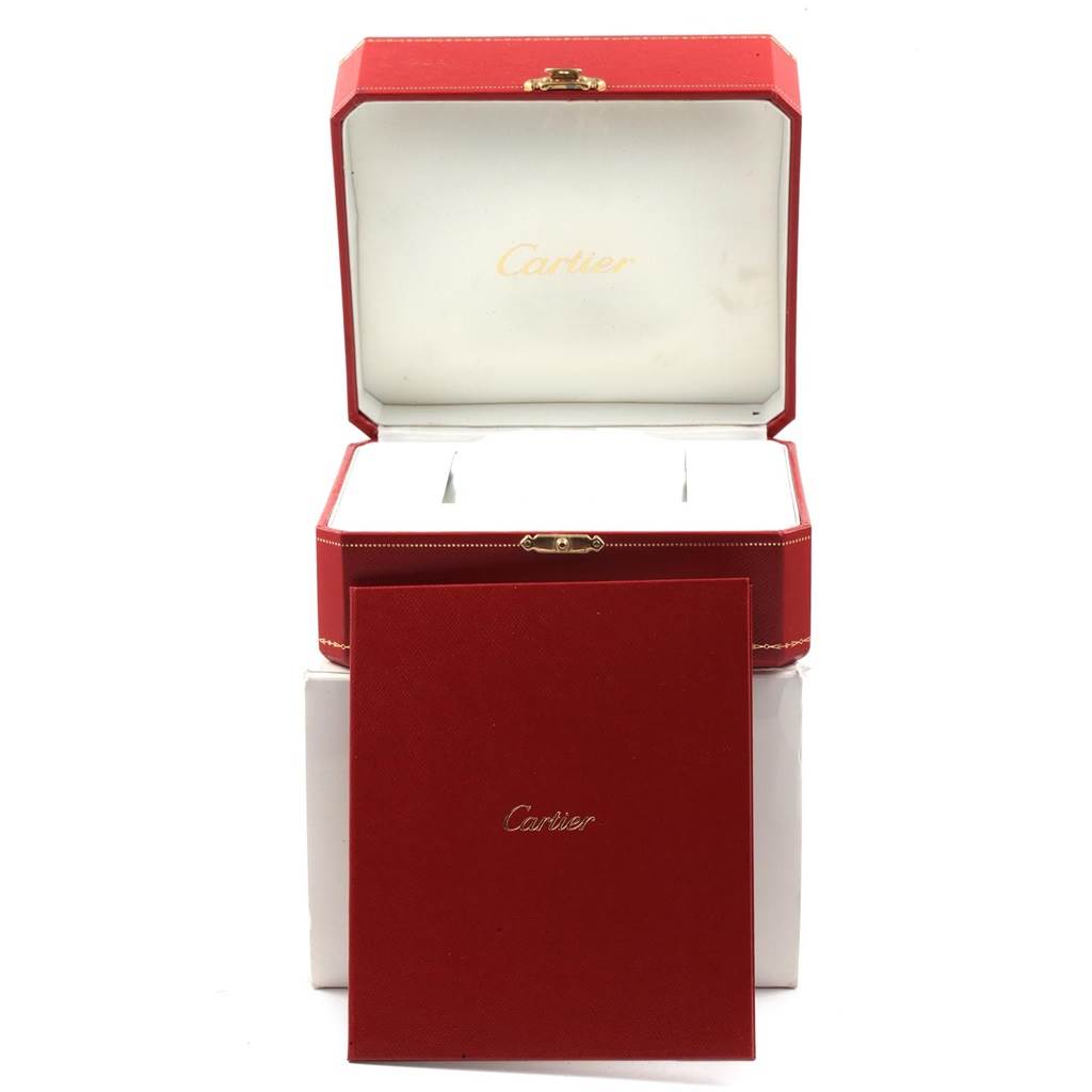 The image shows a red Cartier box for the Panthère model watch, open with compartments visible, and an accompanying booklet.