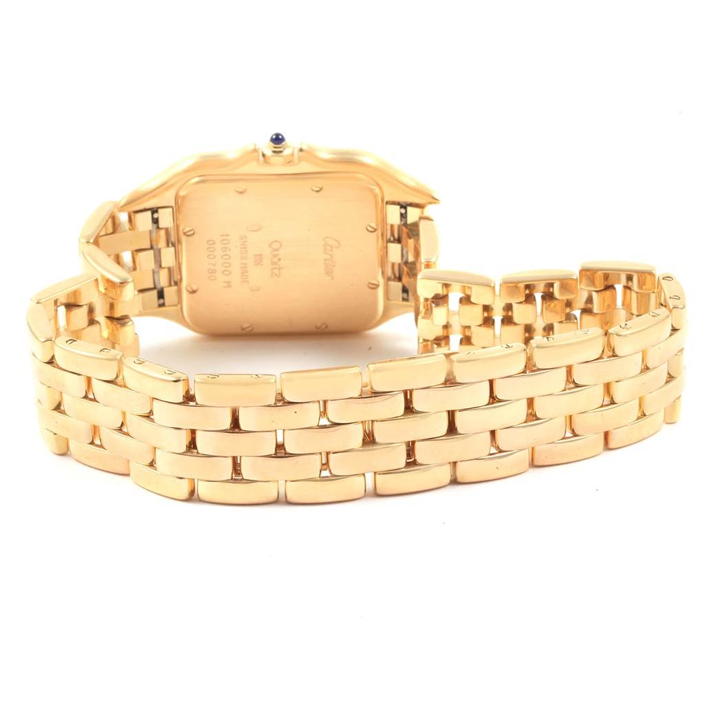 This image shows the back view of a Cartier Panthere W25014B9 Men's Yellow Gold Silver Dial W25014B9 Men's Yellow Gold Silver Dial watch, highlighting its gold case and bracelet.