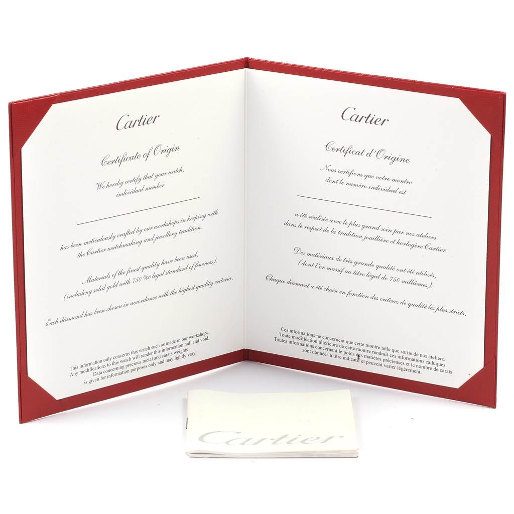 This image shows the certificate of origin and warranty booklet for the Cartier Panthere W25014B9 Men's Yellow Gold Silver Dial W25014B9 Men's Yellow Gold Silver Dial model.