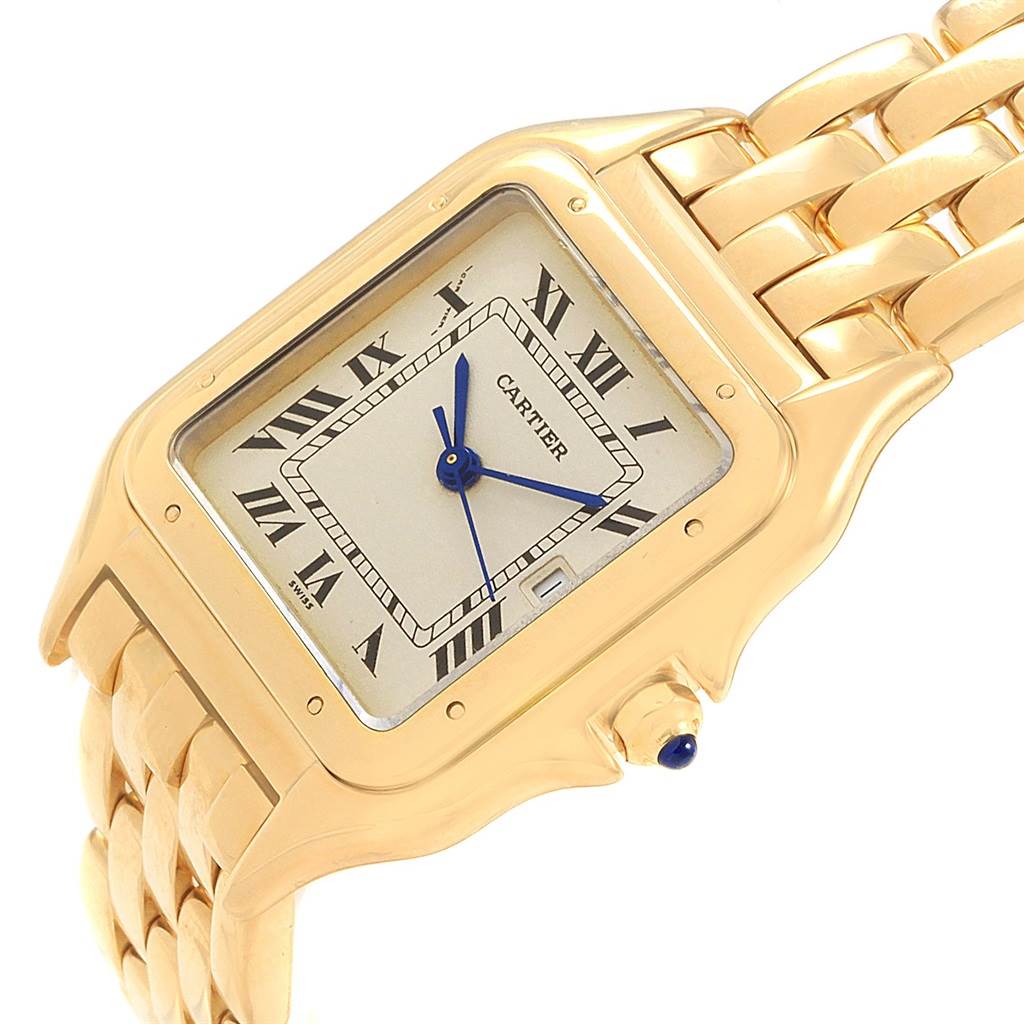 The image shows a Cartier Panthere W25014B9 Men's Yellow Gold Silver Dial W25014B9 Men's Yellow Gold Silver Dial watch angled to display the face, bezel, crown, and part of the band.
