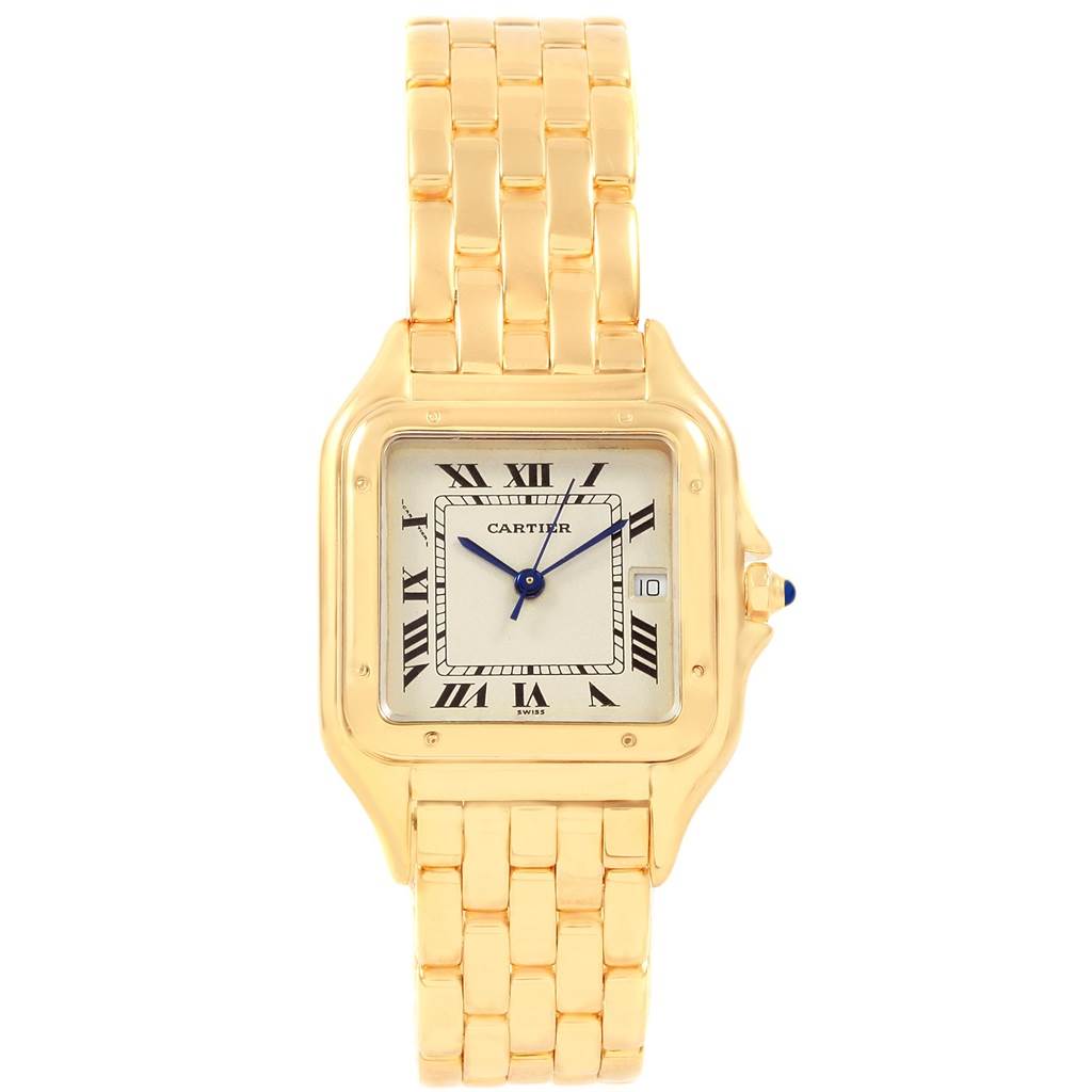 This image shows a Cartier Panthere W25014B9 Men's Yellow Gold Silver Dial W25014B9 Men's Yellow Gold Silver Dial watch from a top-down angle, highlighting the face, Roman numerals, and the gold link bracelet.