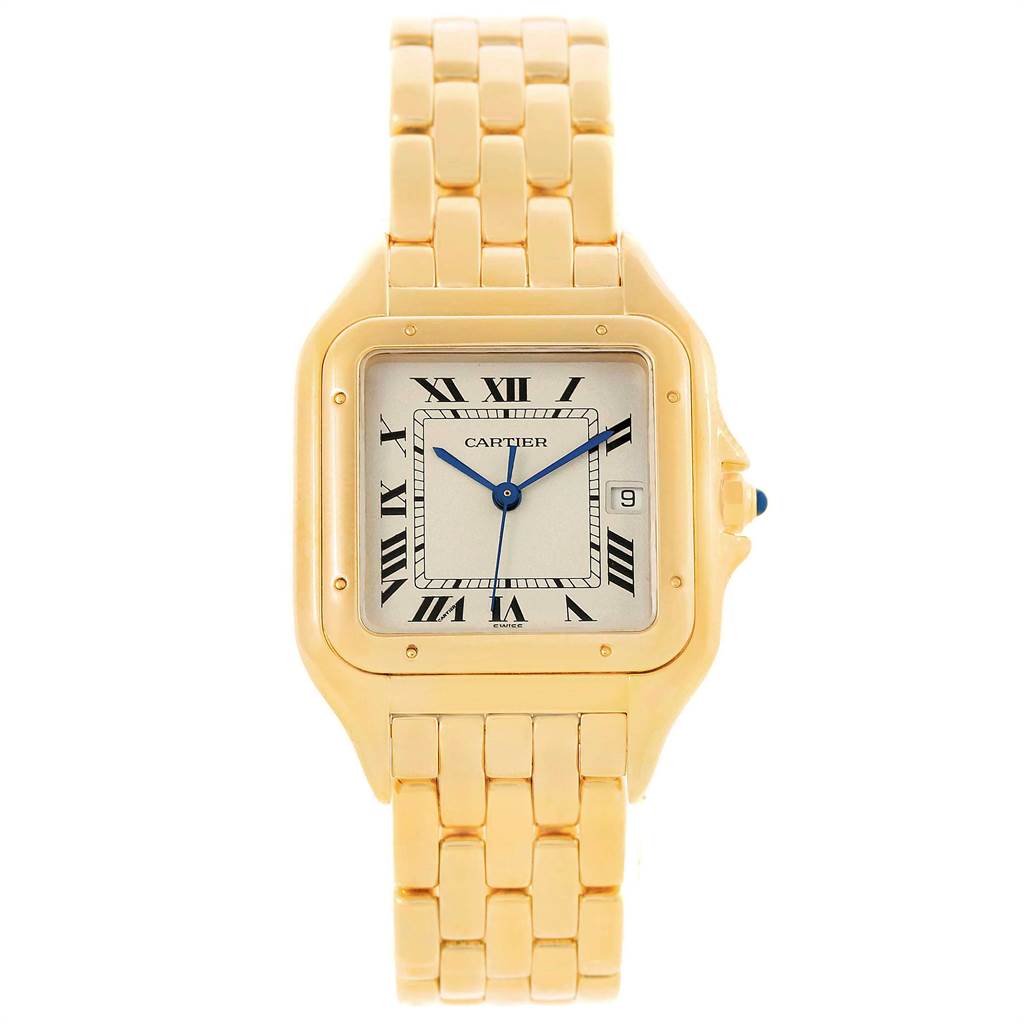 The image shows a frontal view of the Panthère de Cartier watch, highlighting its gold bracelet, square face, and Roman numeral dial.
