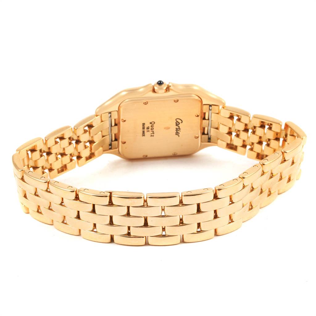 This image shows the back view of the Panthere model by Cartier, focusing on the bracelet and case back.