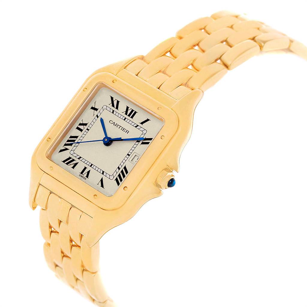 The image shows a Cartier Panthere W25014B9 Men's Yellow Gold Silver Dial W25014B9 Men's Yellow Gold Silver Dial watch from an oblique angle, highlighting its gold bracelet, square face, and blue hands.