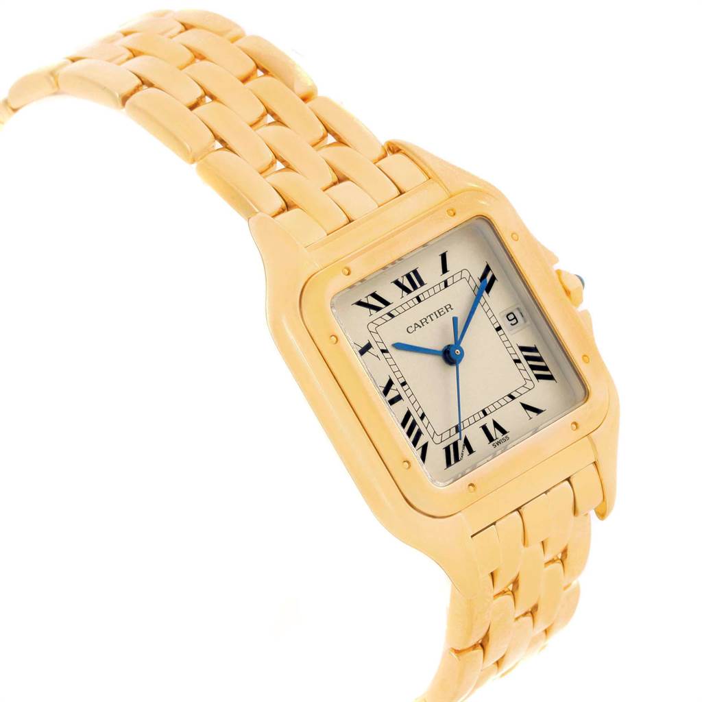 The image shows a gold Cartier Panthere W25014B9 Men's Yellow Gold Silver Dial W25014B9 Men's Yellow Gold Silver Dial watch at a slight angle, highlighting its face, Roman numerals, and linked bracelet.