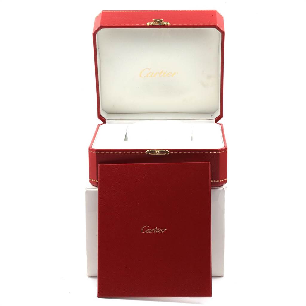 The image shows the open box and accompanying booklet for the Cartier Panthere W25014B9 Men's Yellow Gold Silver Dial W25014B9 Men's Yellow Gold Silver Dial watch.