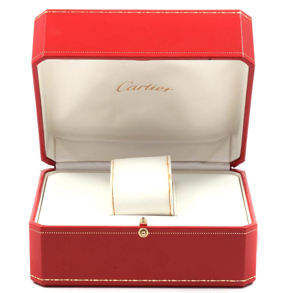 The image shows an empty Cartier Panthere W25028B6 Steel and Gold (two tone) Silver Dial W25028B6 Steel and Gold (two tone) Silver Dial watch box, photographed from the front, with the lid open.