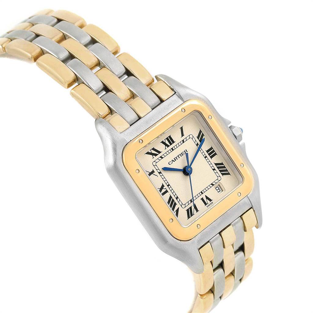 This image shows a Cartier Panthere W25028B6 Steel and Gold (two tone) Silver Dial W25028B6 Steel and Gold (two tone) Silver Dial watch at an angled view, highlighting the face, bezel, and bracelet.