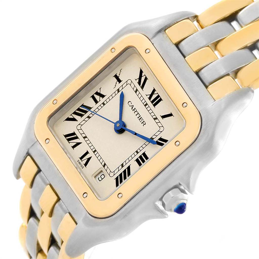 The image shows a close-up angled view of the Cartier Panthere W25028B6 Steel and Gold (two tone) Silver Dial W25028B6 Steel and Gold (two tone) Silver Dial watch, highlighting its dial, case, crown, and two-tone bracelet.