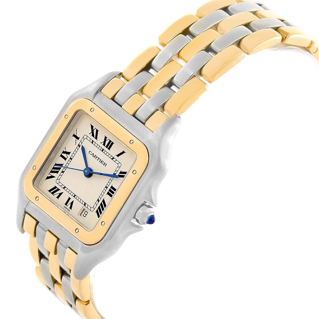 The image shows a side angle view of the Cartier Panthere W25028B6 Steel and Gold (two tone) Silver Dial W25028B6 Steel and Gold (two tone) Silver Dial watch, featuring its face, bezel, and bracelet.