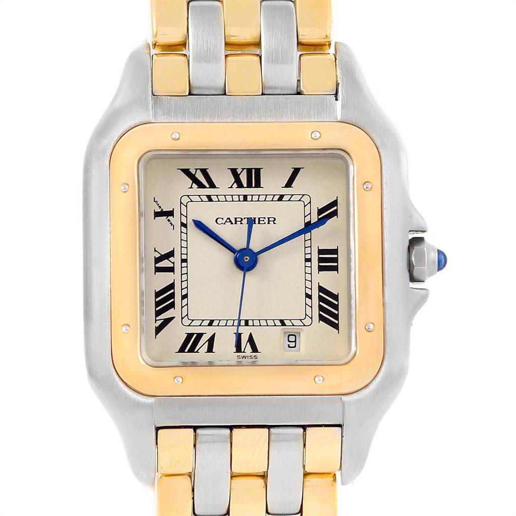 The image shows a close-up of the Cartier Panthere W25028B6 Steel and Gold (two tone) Silver Dial W25028B6 Steel and Gold (two tone) Silver Dial watch face and part of its two-tone metal bracelet.