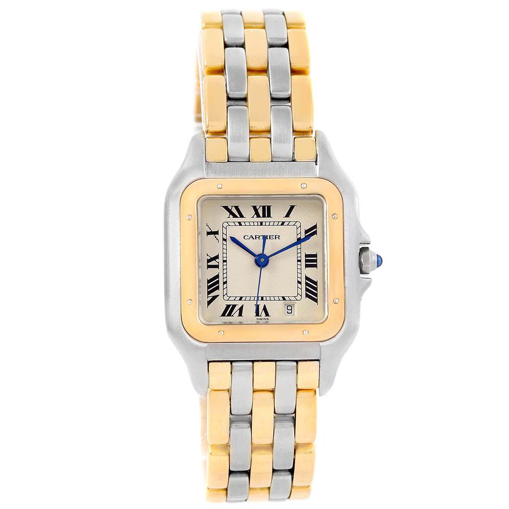 The image shows a front view of a Cartier Panthere W25028B6 Steel and Gold (two tone) Silver Dial W25028B6 Steel and Gold (two tone) Silver Dial watch, displaying the face, bezel, and two-tone bracelet.