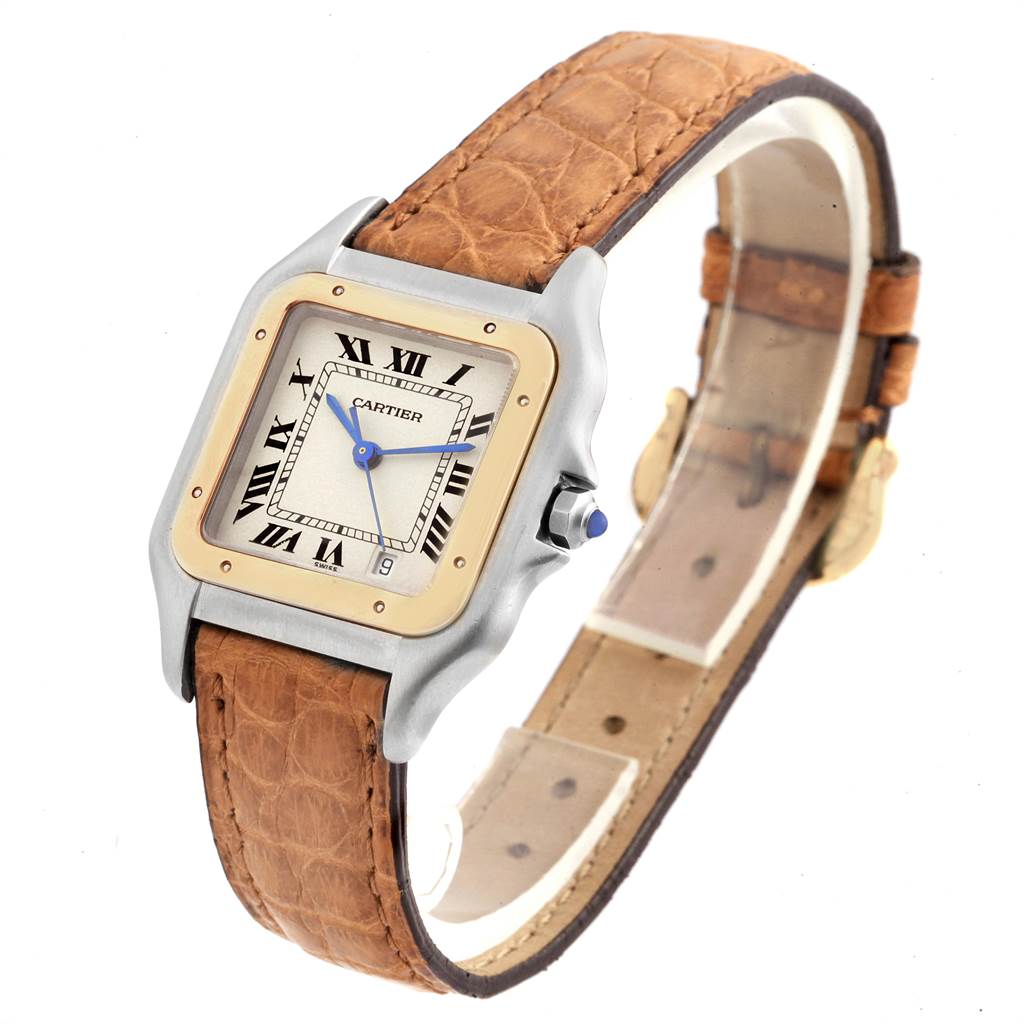 This image shows a side-view angle of the Cartier Panthere W25028B6 Steel and Gold (two tone) Silver Dial W25028B6 Steel and Gold (two tone) Silver Dial watch, highlighting its square face, leather strap, and blue-handled dial.