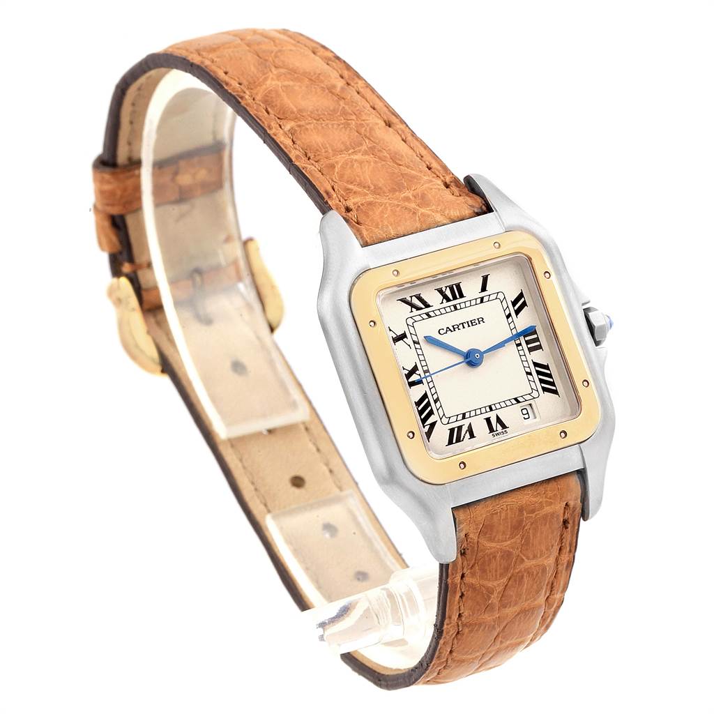 This image shows a Cartier Panthere W25028B6 Steel and Gold (two tone) Silver Dial W25028B6 Steel and Gold (two tone) Silver Dial model watch angled to highlight its face, bezel, and brown leather strap.