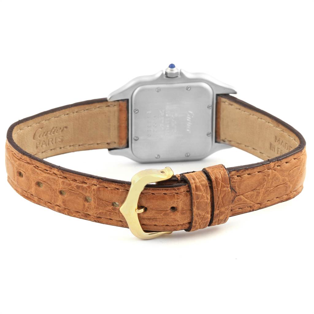 The image shows the back view of a Panthere model by Cartier with a tan leather strap and buckle.