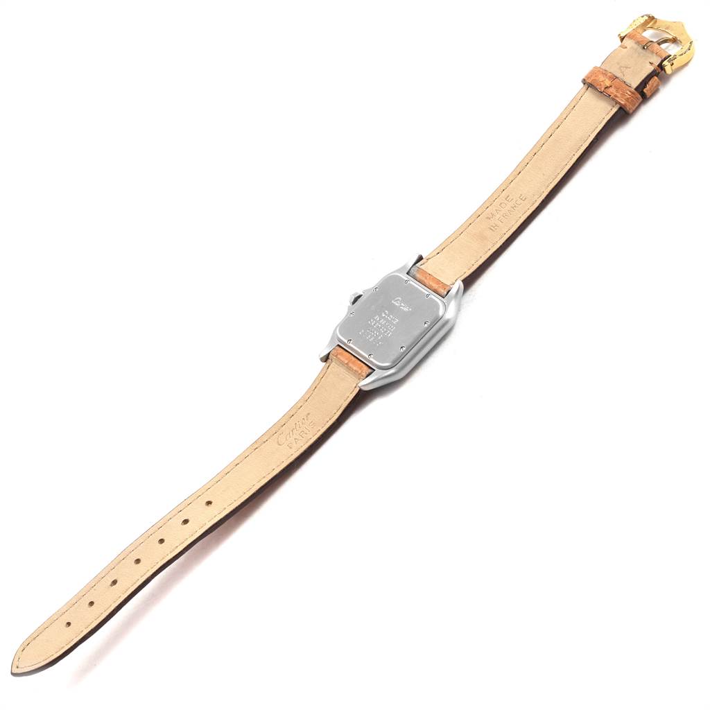 The image shows the back view of a Cartier Panthere W25028B6 Steel and Gold (two tone) Silver Dial W25028B6 Steel and Gold (two tone) Silver Dial watch with its leather strap fully extended.