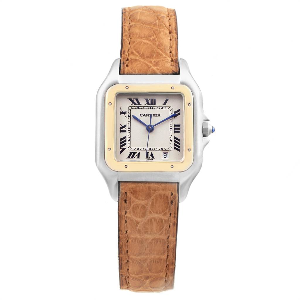 The image shows a front view of a Cartier Panthere W25028B6 Steel and Gold (two tone) Silver Dial W25028B6 Steel and Gold (two tone) Silver Dial model watch with a tan leather strap and a square dial.