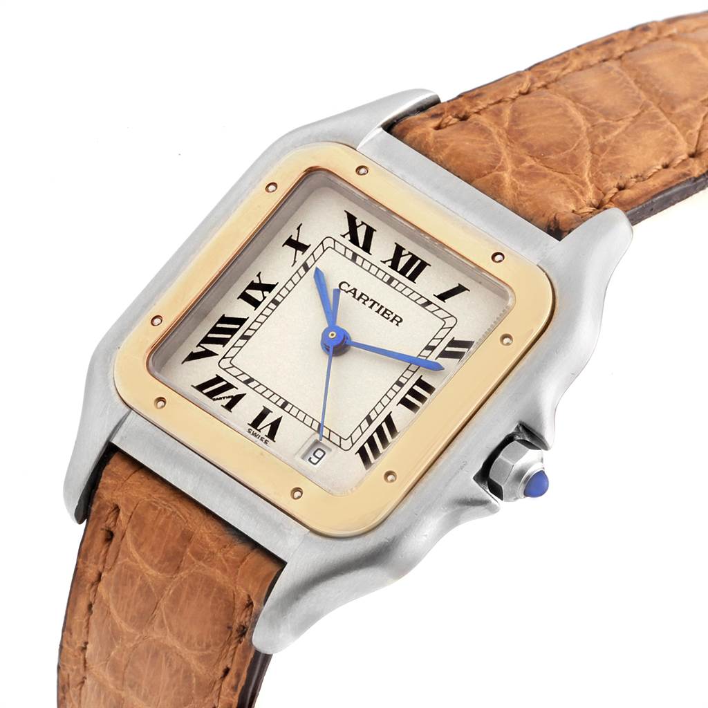 This Cartier Panthere W25028B6 Steel and Gold (two tone) Silver Dial W25028B6 Steel and Gold (two tone) Silver Dial watch is shown at an angle highlighting the face, brown leather strap, and bezel details.