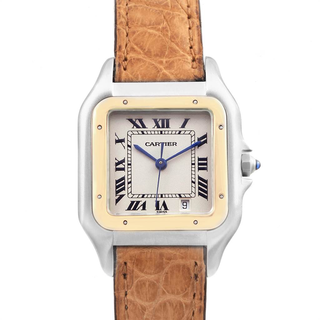 The image shows a front view of the Cartier Panthere W25028B6 Steel and Gold (two tone) Silver Dial W25028B6 Steel and Gold (two tone) Silver Dial watch, highlighting its dial, bezel, and leather strap.