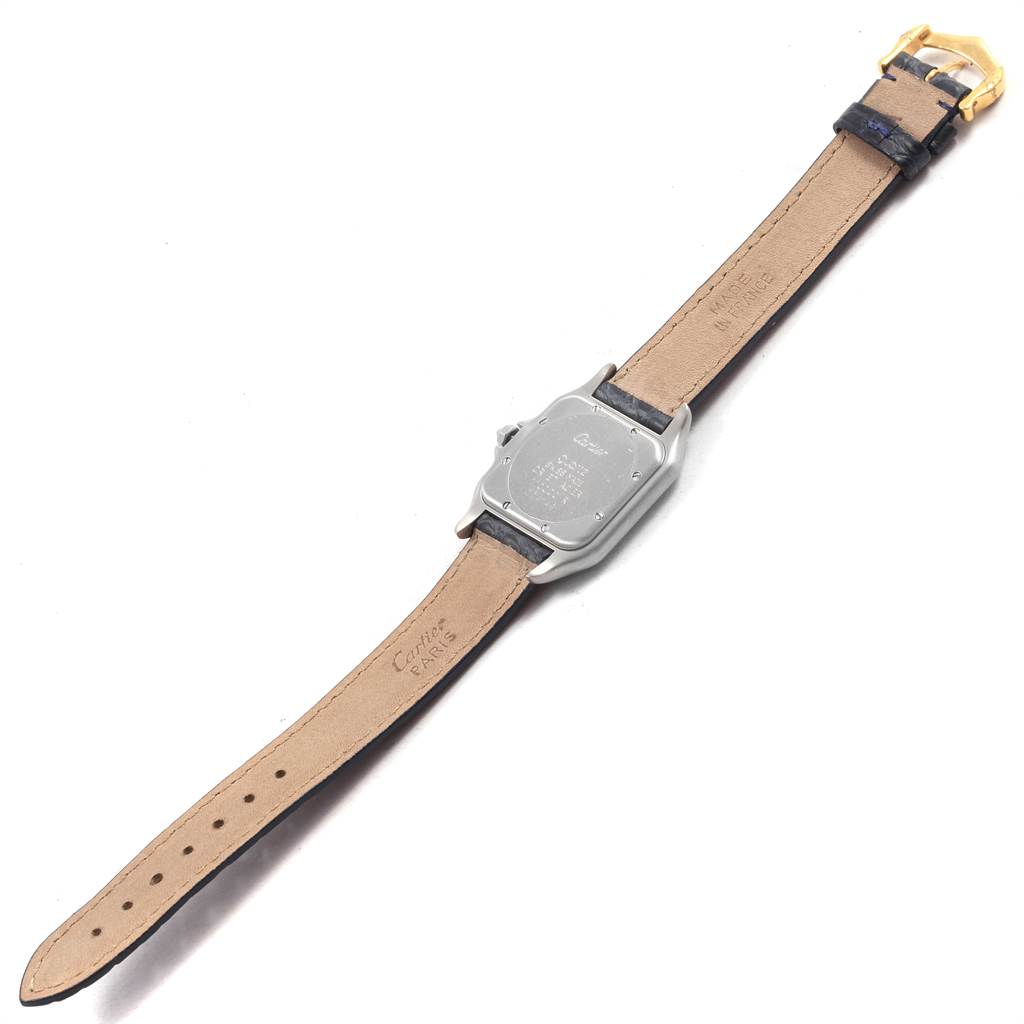 The image shows the back and leather strap of a Cartier Panthere W25028B6 Steel and Gold (two tone) Silver Dial W25028B6 Steel and Gold (two tone) Silver Dial watch at a slight angle.