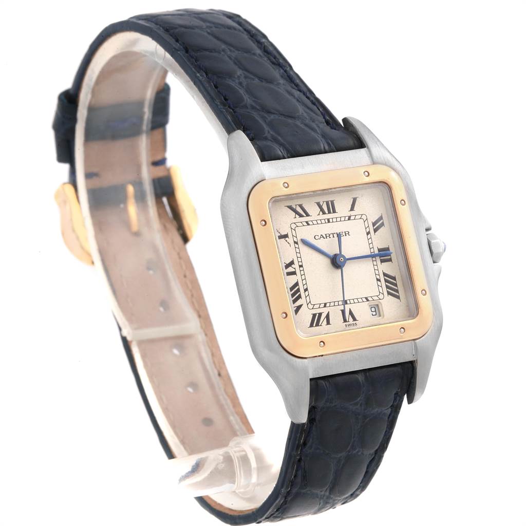 This Panthere model by Cartier is shown from a front angle, highlighting the square face, Roman numerals, and black leather strap.
