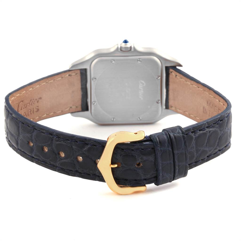 The image shows the back and strap of a Cartier Panthère watch, highlighting the clasp and case.