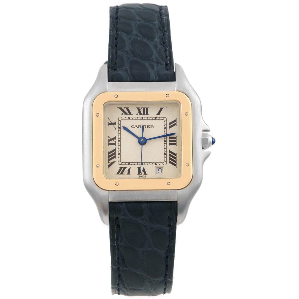 The image shows a front view of the Cartier Panthere W25028B6 Steel and Gold (two tone) Silver Dial W25028B6 Steel and Gold (two tone) Silver Dial watch, detailing its face, bezel, strap, and crown.