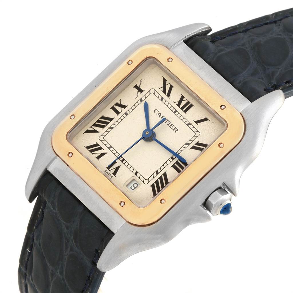 This image shows a Cartier Panthere W25028B6 Steel and Gold (two tone) Silver Dial W25028B6 Steel and Gold (two tone) Silver Dial watch from an angled top view, highlighting the dial, bezel, and part of the strap and crown.