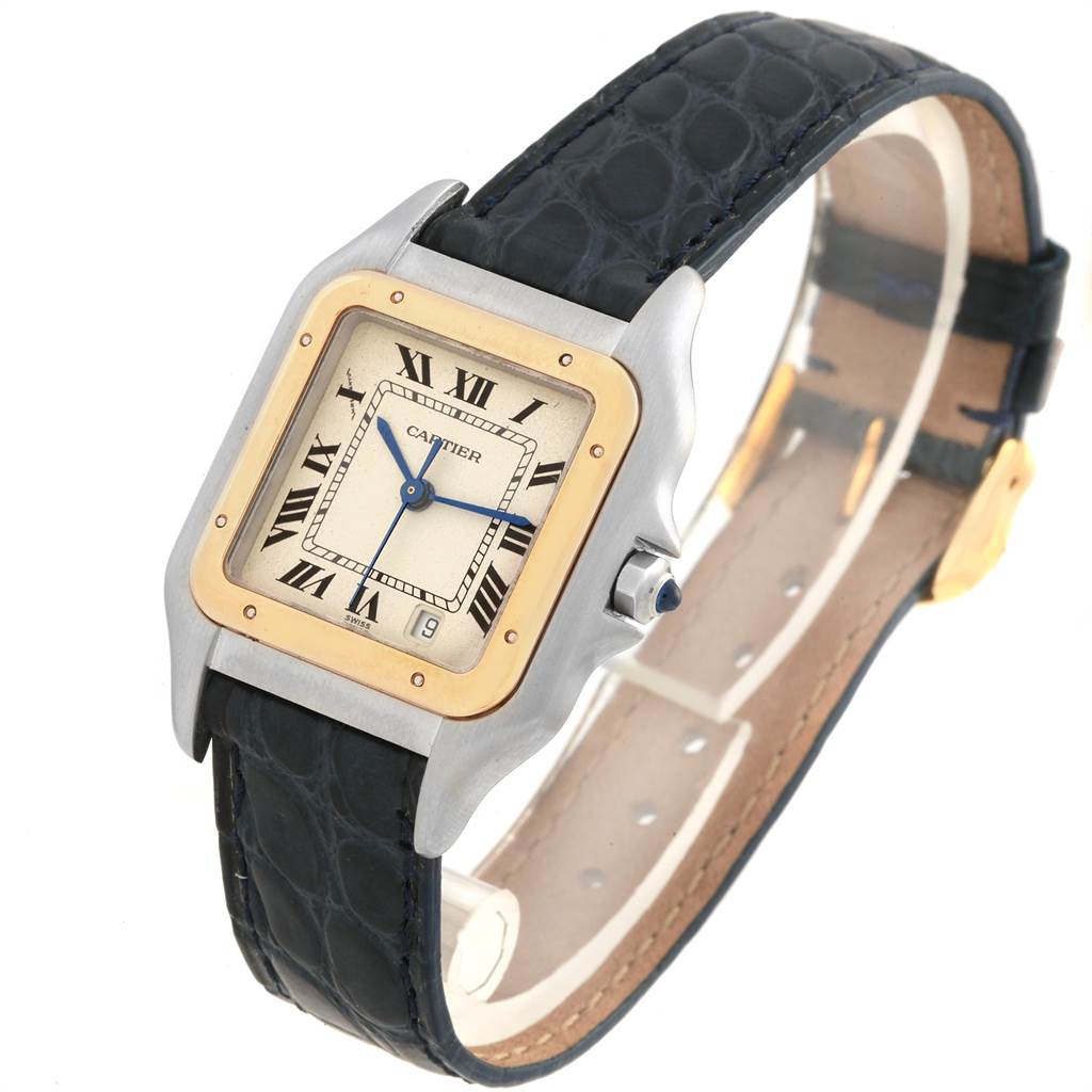 The image shows a Cartier Panthere W25028B6 Steel and Gold (two tone) Silver Dial W25028B6 Steel and Gold (two tone) Silver Dial watch at an angled view, highlighting its face, bezel, and leather strap.
