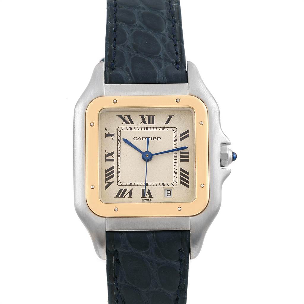 This image shows a Cartier Panthere W25028B6 Steel and Gold (two tone) Silver Dial W25028B6 Steel and Gold (two tone) Silver Dial watch viewed from the front, displaying its face, hands, crown, and strap.