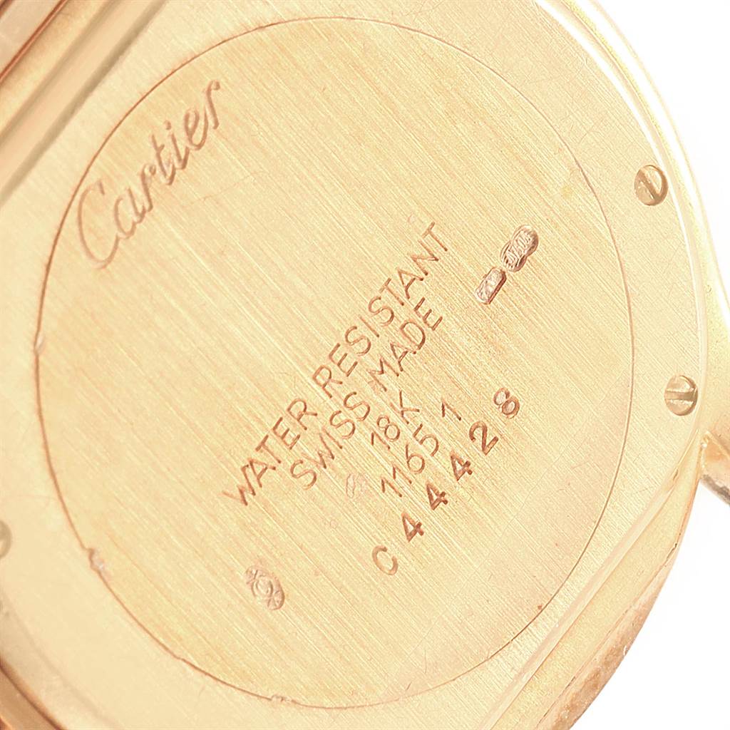 The image shows the case back of a Cartier Panthere W35019L3 Women's Yellow Gold Blue Dial W35019L3 Women's Yellow Gold Blue Dial watch, displaying its water resistance, material, and serial number.