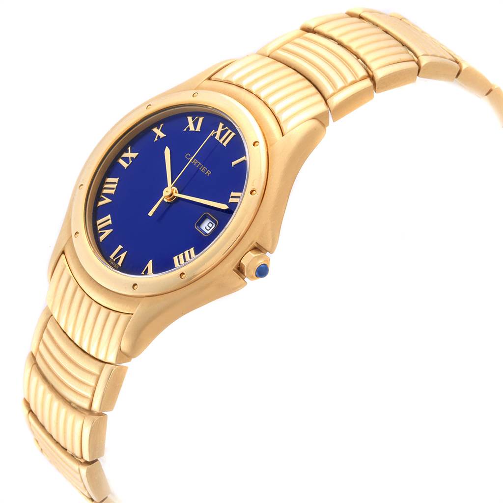 The image showcases a side view of the Panthere model by Cartier, highlighting the blue dial, gold case, and bracelet.