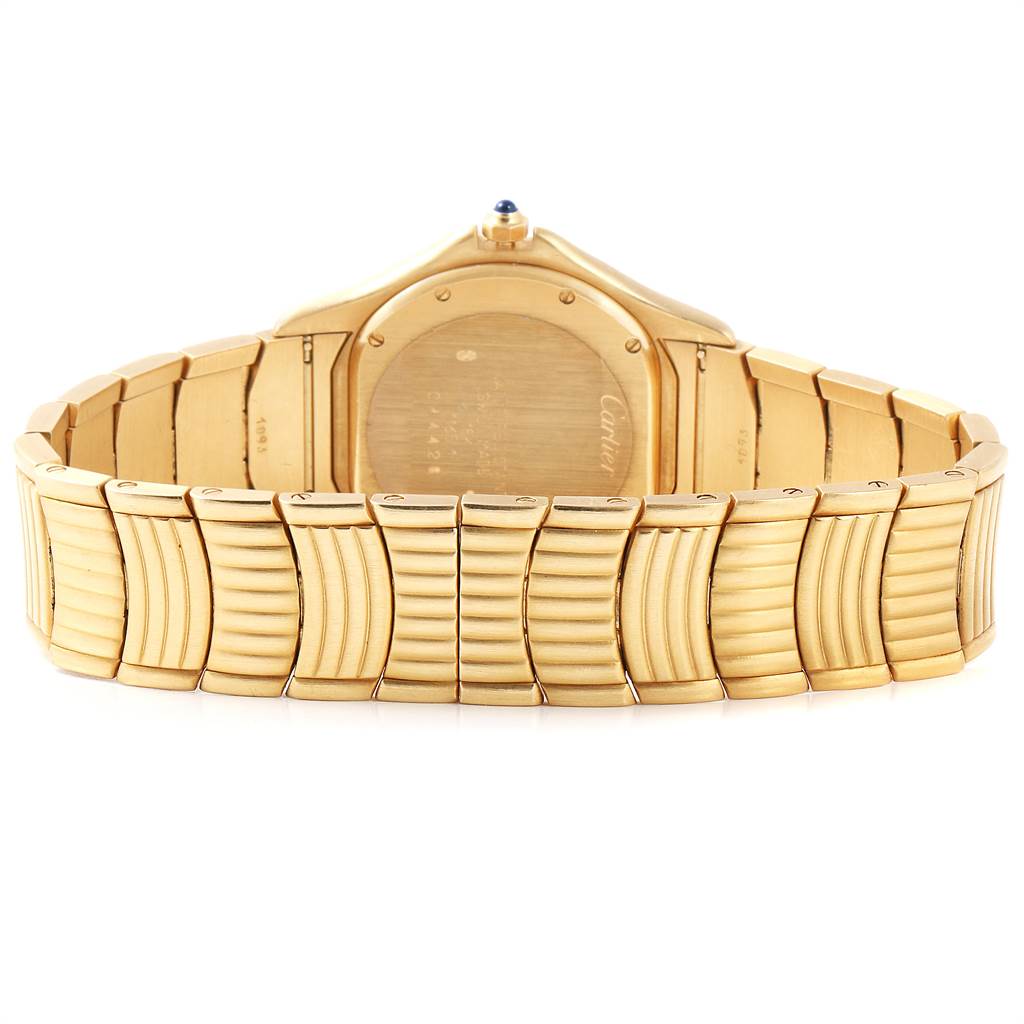 The image shows the back and bracelet of a Cartier Panthere W35019L3 Women's Yellow Gold Blue Dial W35019L3 Women's Yellow Gold Blue Dial watch, highlighting its gold-toned links and case back.