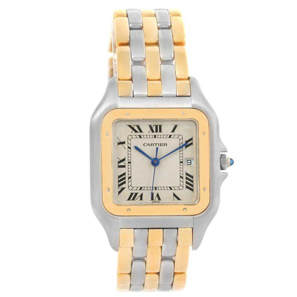 This image shows a front view of the Cartier Panthere Steel and Gold (two tone) Silver Dial Steel and Gold (two tone) Silver Dial watch, displaying its dial, bezel, and two-tone metal bracelet.