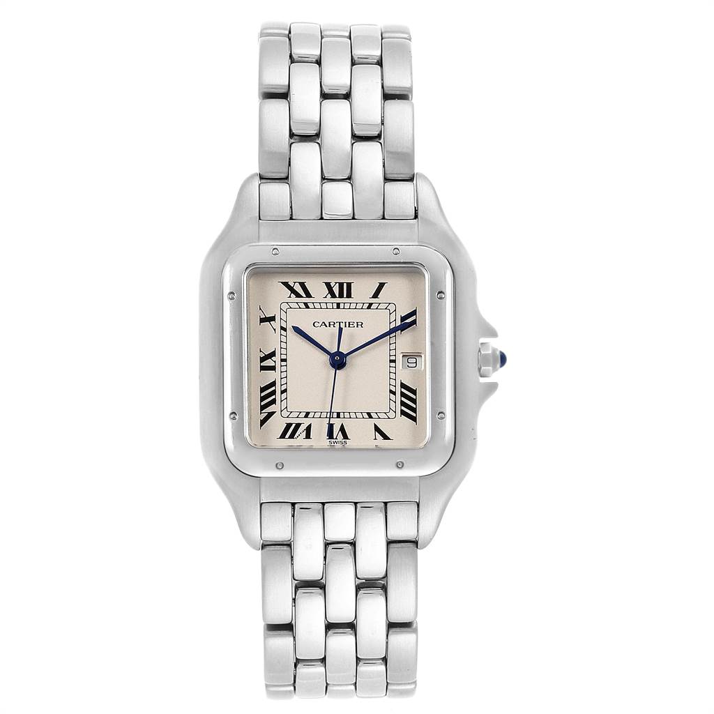 This is a frontal view of the Cartier Panthere W25032P5 Men's Stainless Steel Beige Dial W25032P5 Men's Stainless Steel Beige Dial watch, showing the face, bracelet, and crown.