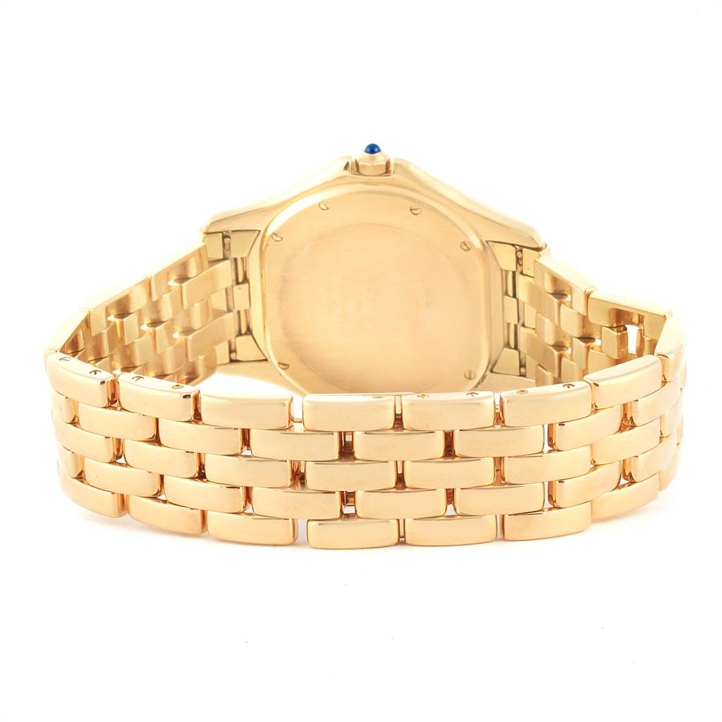 This image shows the back view of a Cartier Panthere 887904 Men
s Yellow Gold Silver Dial 887904 Men
s Yellow Gold Silver Dial watch, highlighting the case back and gold bracelet.