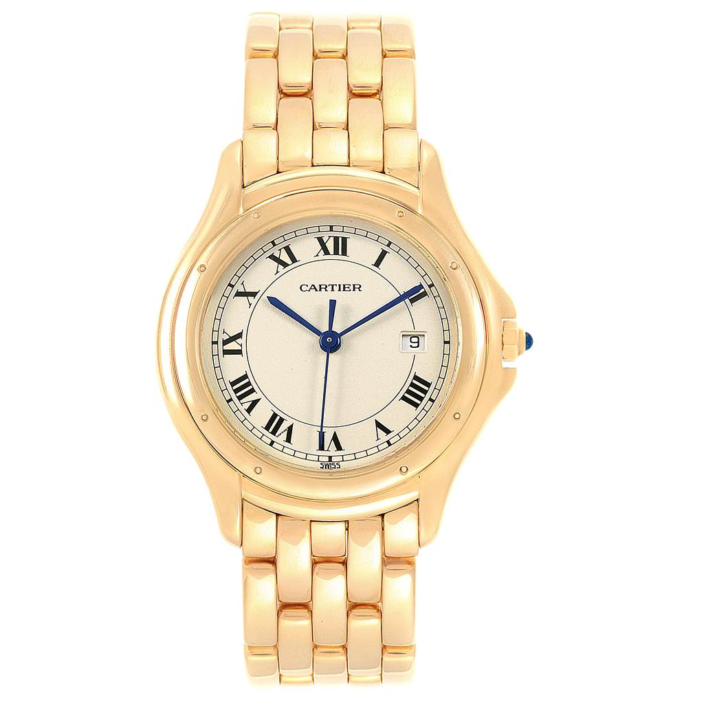 The image shows the front view of a Cartier Panthere 887904 Men
s Yellow Gold Silver Dial 887904 Men
s Yellow Gold Silver Dial watch, displaying the face, hands, bracelet, and date window.