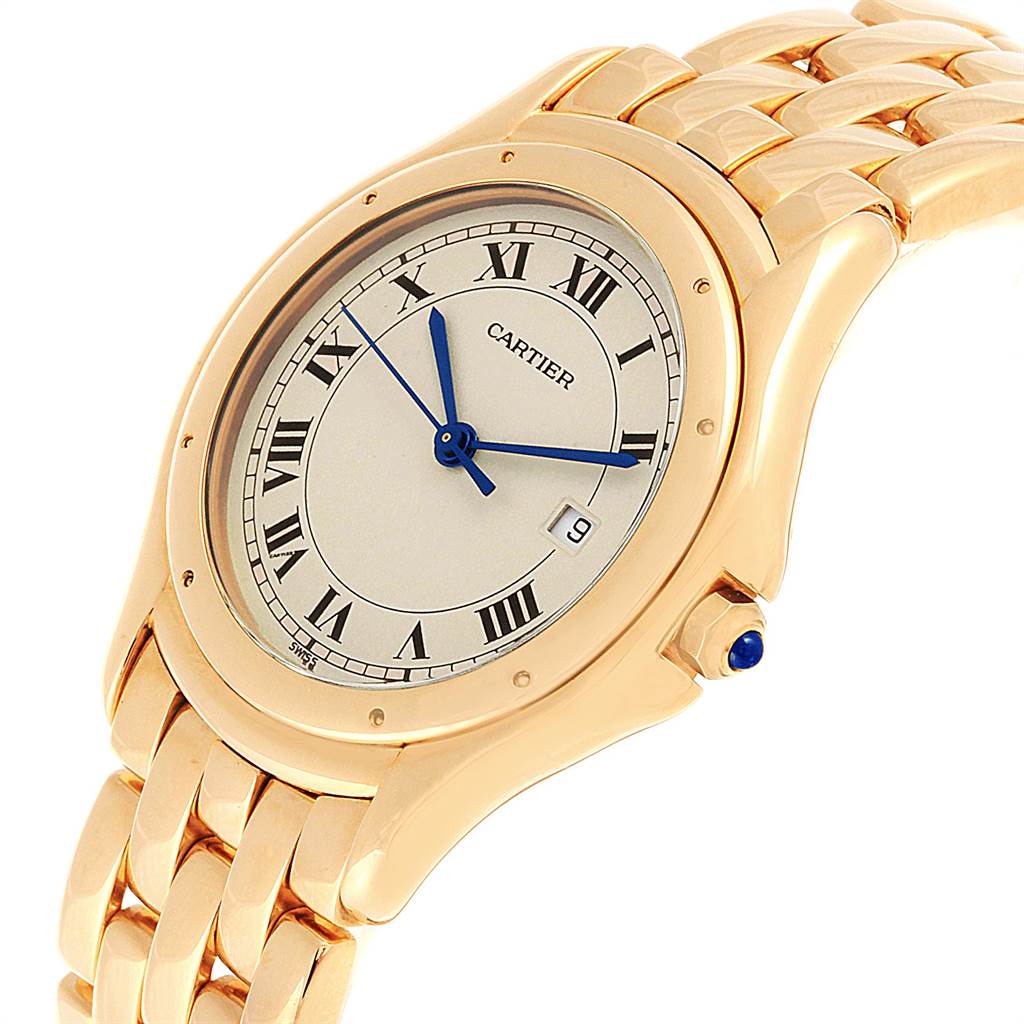 The image shows a Cartier Panthere 887904 Men
s Yellow Gold Silver Dial 887904 Men
s Yellow Gold Silver Dial watch angled from the front-right, highlighting the face, Roman numerals, and part of the gold bracelet.