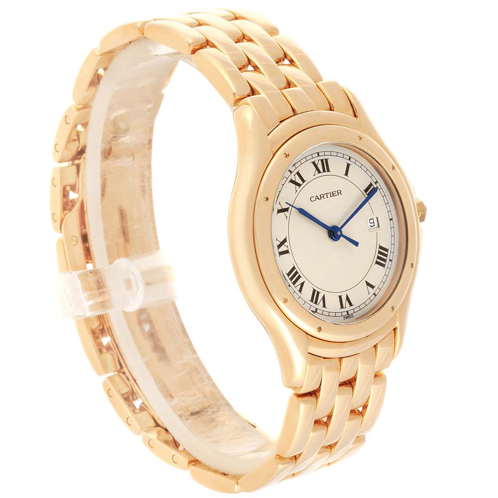 The image shows the Panthere model watch by Cartier at a slight angle, highlighting the face, case, and bracelet.