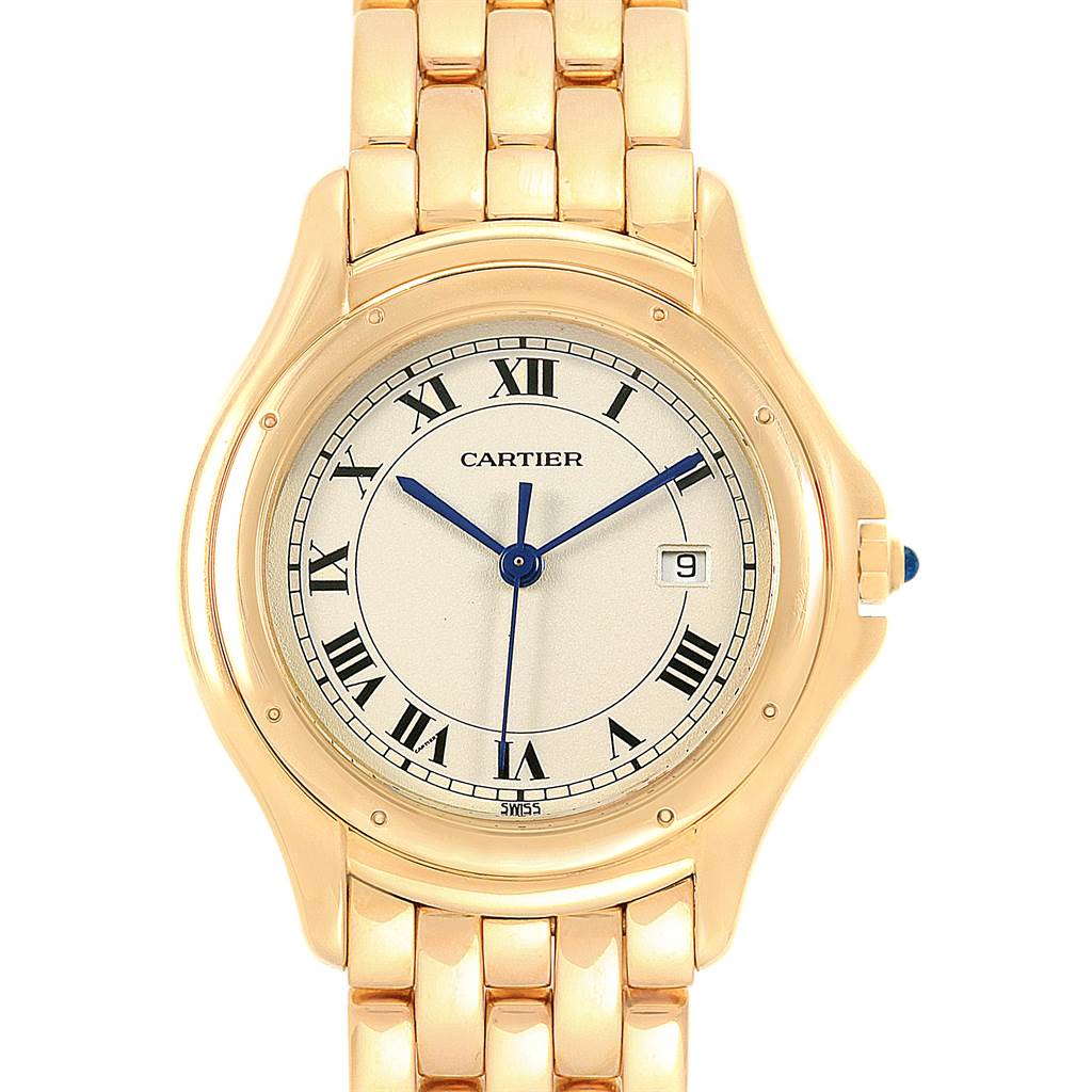 The image shows a Cartier Panthere 887904 Men
s Yellow Gold Silver Dial 887904 Men
s Yellow Gold Silver Dial watch from a top-down angle, highlighting its face, bezel, and part of the bracelet.