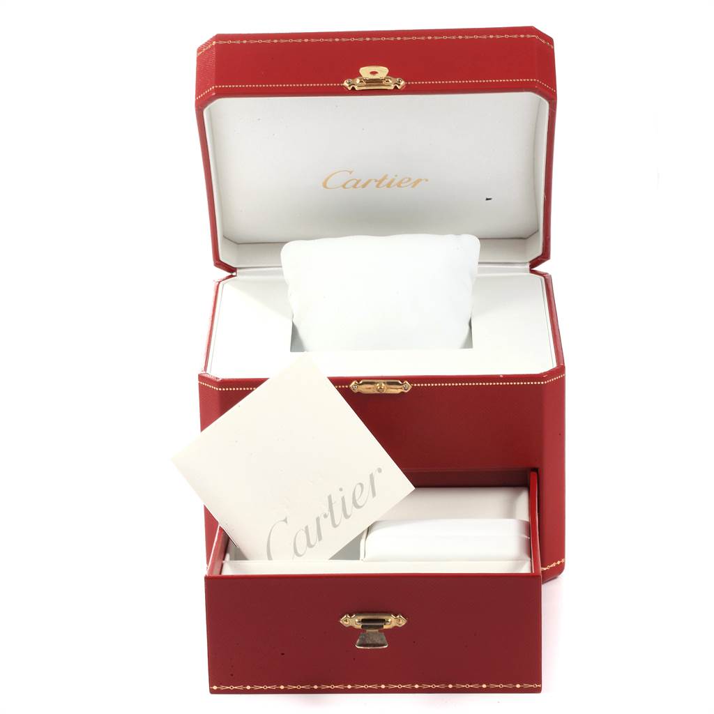 The image shows the case and packaging of a Cartier Panthere 887904 Men
s Yellow Gold Silver Dial 887904 Men
s Yellow Gold Silver Dial model watch, with a red exterior and white cushion inside.