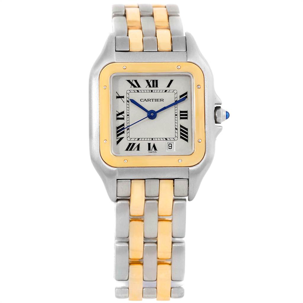 The image shows a frontal view of a Cartier Panthere W25028B8 Steel and Gold (two tone) Silver Dial W25028B8 Steel and Gold (two tone) Silver Dial watch, highlighting its face, bezel, and two-tone bracelet.