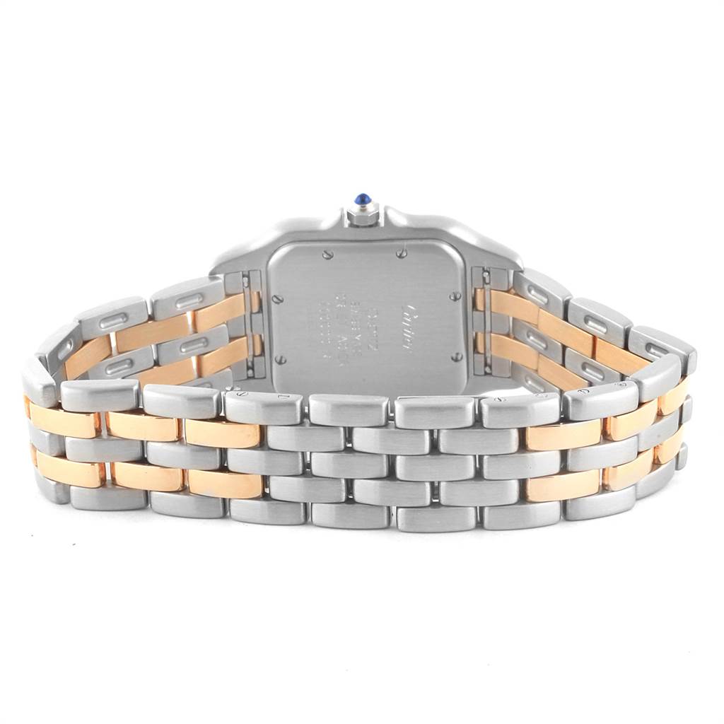 The image shows the back case and two-tone bracelet of the Cartier Panthere W25028B8 Steel and Gold (two tone) Silver Dial W25028B8 Steel and Gold (two tone) Silver Dial watch from a rear angle.