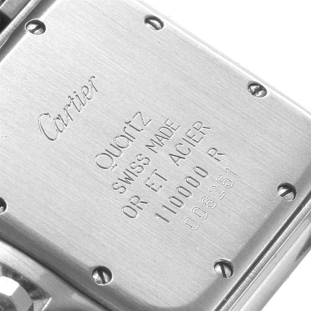 This image shows the case back of a Cartier Panthere W25028B8 Steel and Gold (two tone) Silver Dial W25028B8 Steel and Gold (two tone) Silver Dial watch, displaying its engravings and screws.