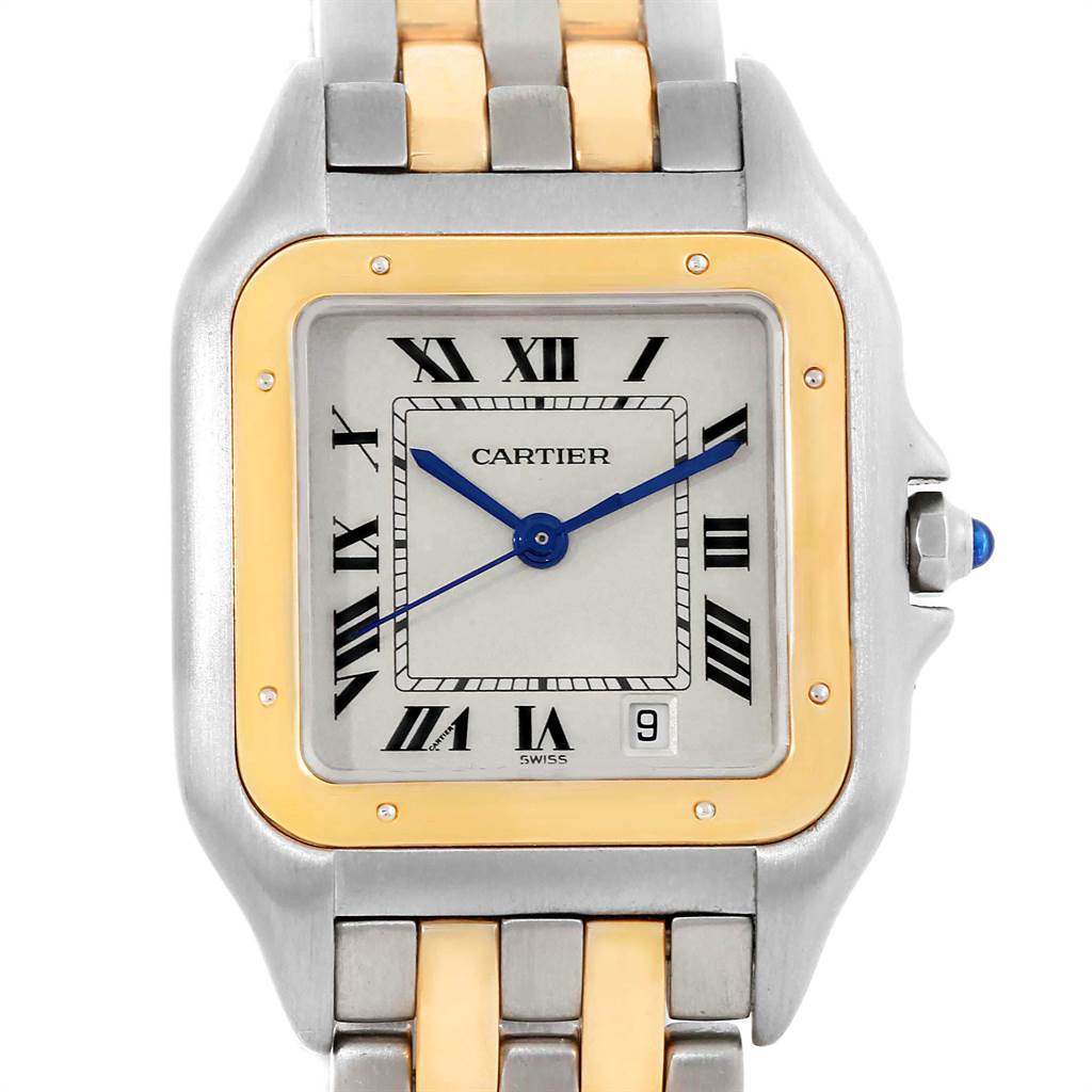 The image shows a frontal view of a Cartier Panthere W25028B8 Steel and Gold (two tone) Silver Dial W25028B8 Steel and Gold (two tone) Silver Dial watch, highlighting its face, bezel, and partial bracelet.