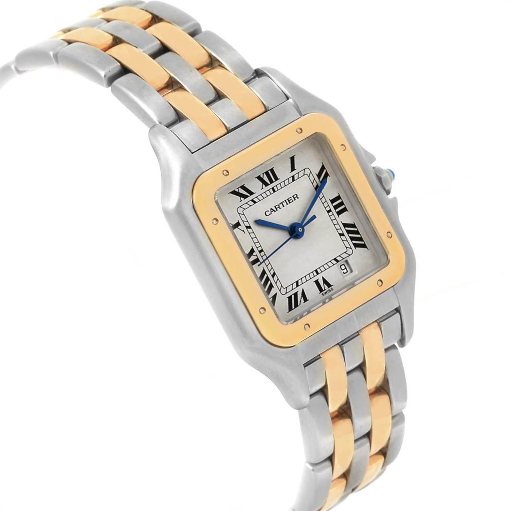 The image shows a Cartier Panthere W25028B8 Steel and Gold (two tone) Silver Dial W25028B8 Steel and Gold (two tone) Silver Dial watch at an angle, highlighting its two-tone metal bracelet and rectangular face with Roman numerals.