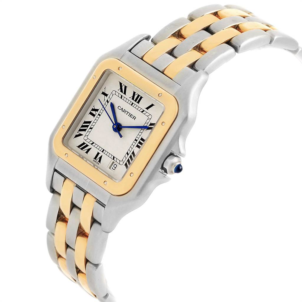The Cartier Panthere W25028B8 Steel and Gold (two tone) Silver Dial W25028B8 Steel and Gold (two tone) Silver Dial watch is shown at a slight angle, highlighting its face, two-tone bracelet, and crown.