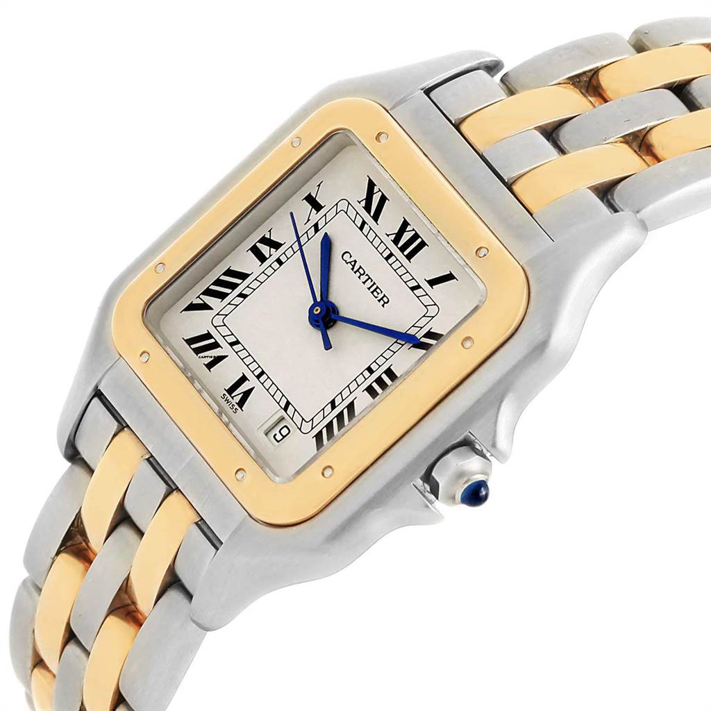 The image shows a close-up of a Cartier Panthere W25028B8 Steel and Gold (two tone) Silver Dial W25028B8 Steel and Gold (two tone) Silver Dial watch, highlighting its face, bezel, and part of the bracelet.